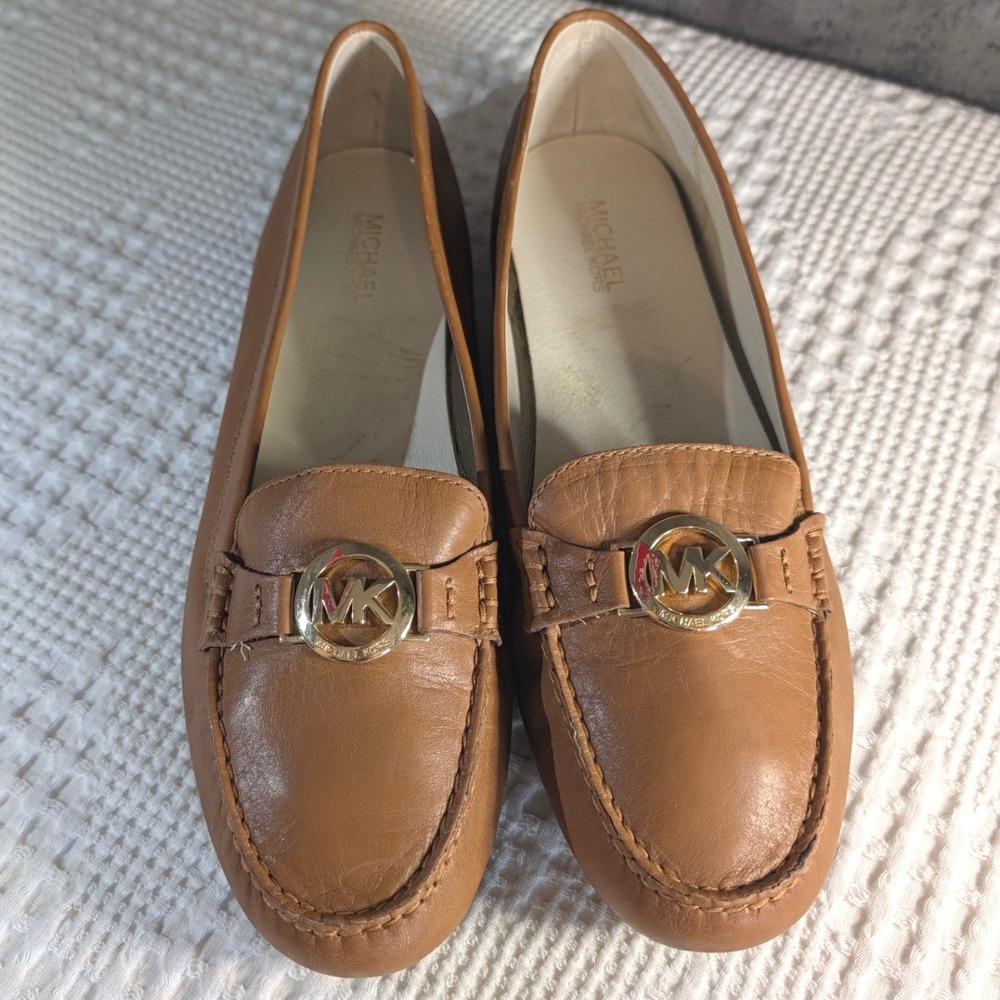 Michael Kors Fulton Moccasin Women 12 Tan Good Leather Gold Logo Flat Loafer